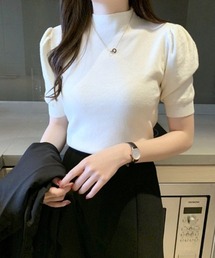 夏でもきちんと感。半袖サマーニット夏服リブトップス。パフスリーブで美シルエットビジネスにも◎きれいめフェミニンスタイル