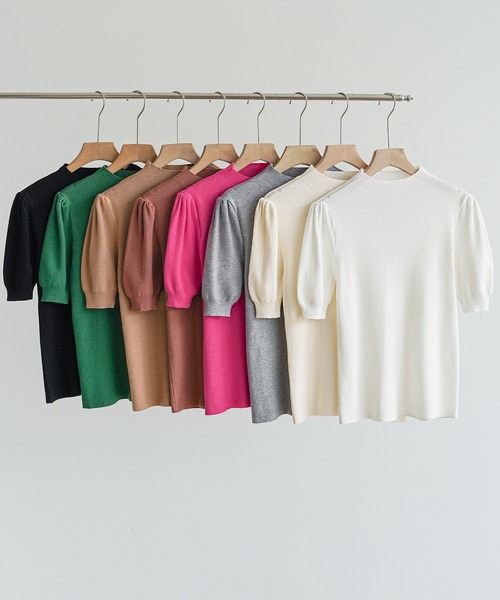 maison de LATIR(メゾンドラティール)の「夏でもきちんと感。半袖サマーニット夏服リブトップス。パフスリーブで美シルエットビジネスにも◎きれいめフェミニンスタイル(Tシャツ/カットソー・レディース・ベージュ/ホワイト/ブラック/グレー/ブラウン/ピンク/モカ/グリーン・FREE)」の9枚目の写真