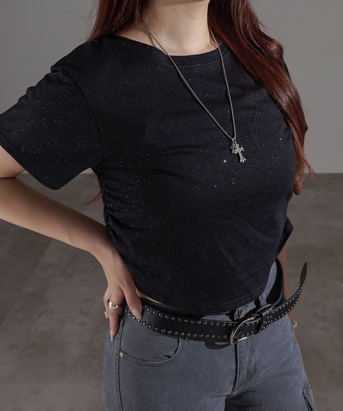 apres jour mignon(アプレジュールミニョン)の「ラメシャーリングクロップドTシャツ【ZOZOTOWN限定アイテム】(Tシャツ/カットソー・レディース・チャコールグレー/ブルー/ネイビー/ブラック・X-LARGE/フリー)」の20枚目の写真