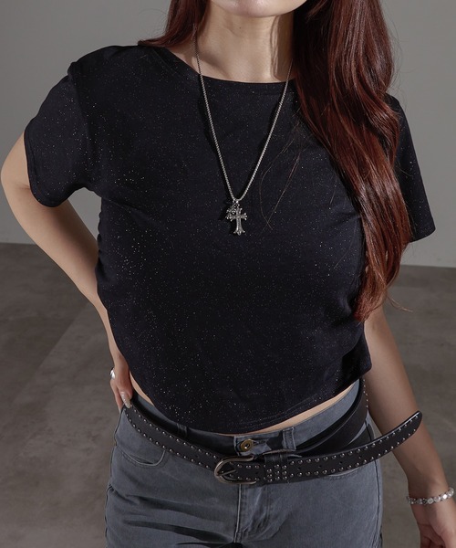 apres jour mignon(アプレジュールミニョン)の「ラメシャーリングクロップドTシャツ【ZOZOTOWN限定アイテム】(Tシャツ/カットソー・レディース・チャコールグレー/ブルー/ネイビー/ブラック・X-LARGE/フリー)」の21枚目の写真