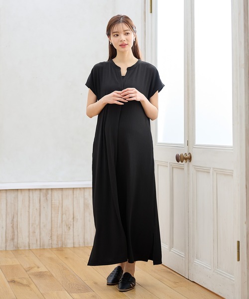 ランダムテレコ フレンチスリーブワンピース（マタニティ/授乳服）授乳
