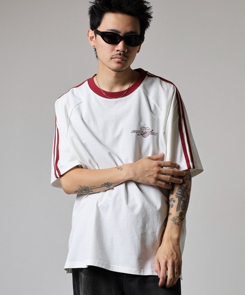 セール】胸刺繍配色＆ラインストーンロゴラグランTシャツ（T