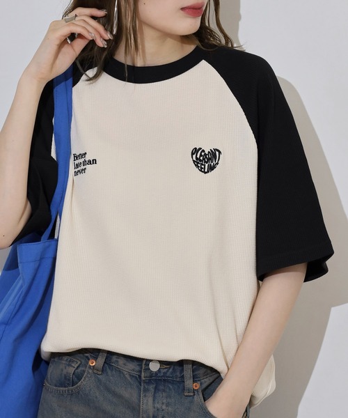 セール】胸刺繍配色＆ラインストーンロゴラグランTシャツ（T