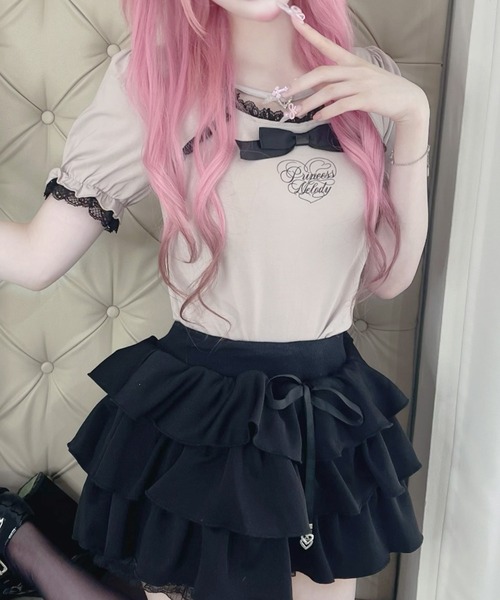 MA*RS（アメーバーマーズ）の「ハートバックルリボンテープTOPS（Tシャツ/カットソー・レディース・ブラック/ホワイト/ピンク・FREE）」の3枚目の写真