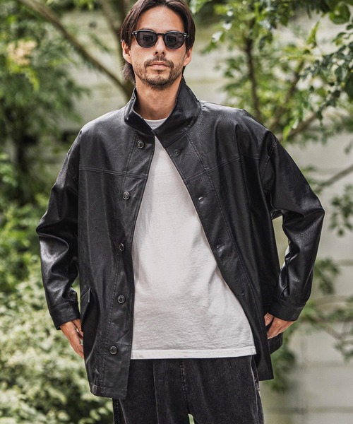 特大✨ theory オーバーサイズ レザージャケット XL スタンドカラー 黒 mj10942-スタンドカラーtype合成皮革ジャケット（ミリタリージャケット