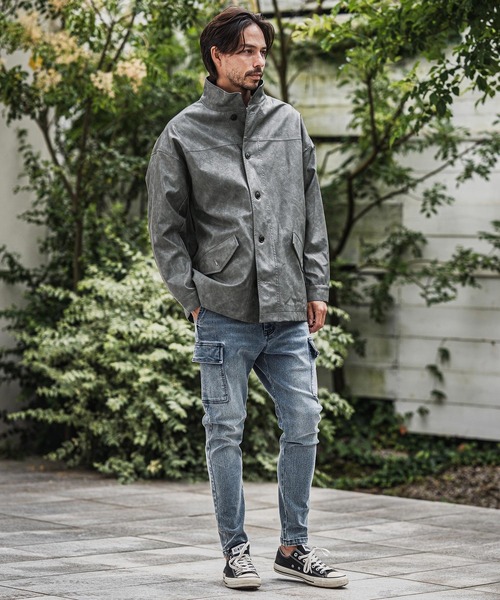 mj10942-スタンドカラーtype合成皮革ジャケット（ミリタリージャケット