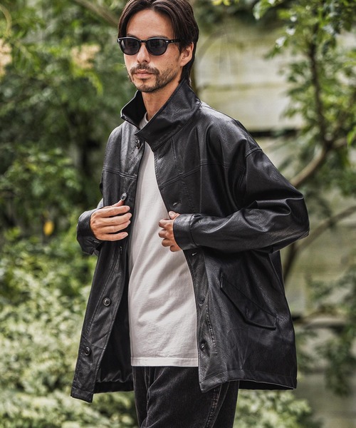 mj10942-スタンドカラーtype合成皮革ジャケット（ミリタリージャケット