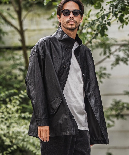 mj10942-スタンドカラーtype合成皮革ジャケット（ミリタリージャケット