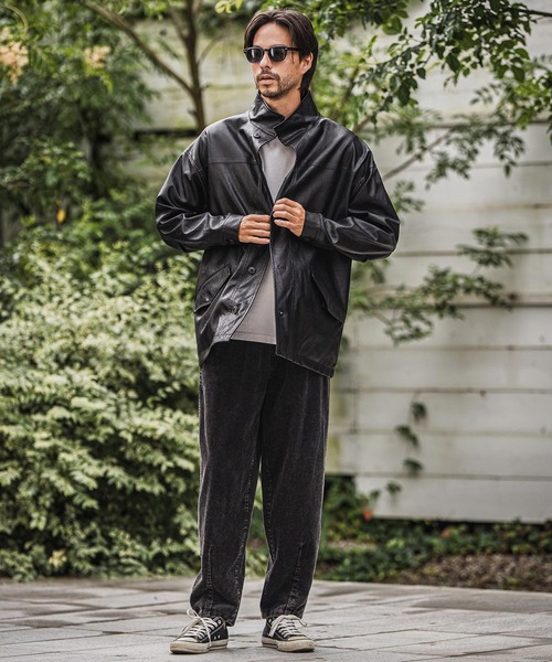 mj10942-スタンドカラーtype合成皮革ジャケット（ミリタリージャケット