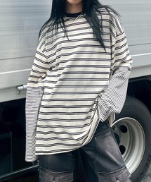 Chikashitsu + | 【Chikashitsu +】oversized layered border washed long sleeve / 【チカシツプラス】オーバーサイズウォッシュドレイヤードボーダー長袖Tシャツ(Tシャツ/カットソー)