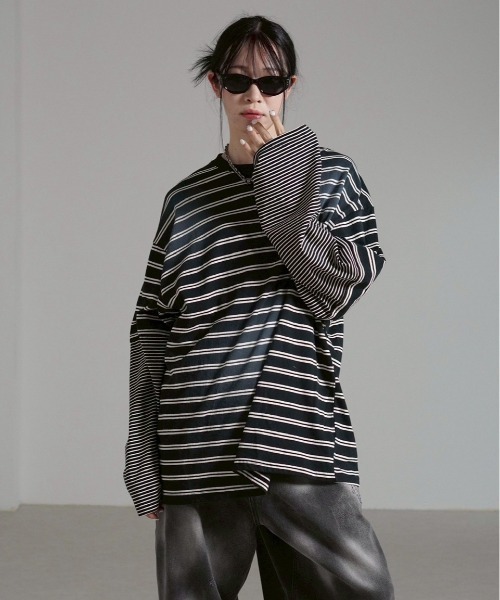 Chikashitsu +(チカシツプラス)の「【Chikashitsu +】oversized layered border washed long sleeve / 【チカシツプラス】オーバーサイズウォッシュドレイヤードボーダー長袖Tシャツ(Tシャツ/カットソー・メンズ・ホワイト/ブラック・ONE SIZE)」の1枚目の写真