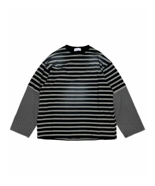 Chikashitsu +(チカシツプラス)の「【Chikashitsu +】oversized layered border washed long sleeve / 【チカシツプラス】オーバーサイズウォッシュドレイヤードボーダー長袖Tシャツ(Tシャツ/カットソー・メンズ・ホワイト/ブラック・ONE SIZE)」の13枚目の写真