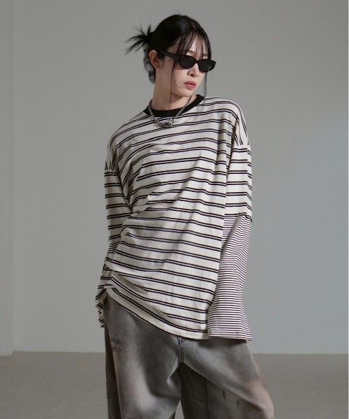 Chikashitsu +(チカシツプラス)の「【Chikashitsu +】oversized layered border washed long sleeve / 【チカシツプラス】オーバーサイズウォッシュドレイヤードボーダー長袖Tシャツ(Tシャツ/カットソー・メンズ・ホワイト/ブラック・ONE SIZE)」の8枚目の写真