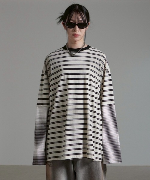 Chikashitsu +(チカシツプラス)の「【Chikashitsu +】oversized layered border washed long sleeve / 【チカシツプラス】オーバーサイズウォッシュドレイヤードボーダー長袖Tシャツ(Tシャツ/カットソー・メンズ・ホワイト/ブラック・ONE SIZE)」の9枚目の写真