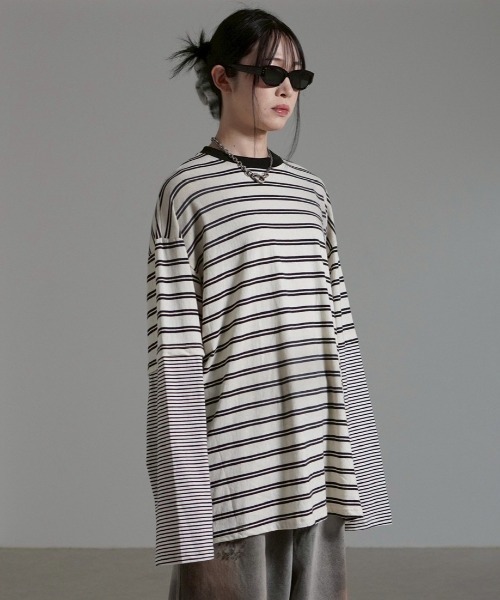 Chikashitsu +(チカシツプラス)の「【Chikashitsu +】oversized layered border washed long sleeve / 【チカシツプラス】オーバーサイズウォッシュドレイヤードボーダー長袖Tシャツ(Tシャツ/カットソー・メンズ・ホワイト/ブラック・ONE SIZE)」の10枚目の写真