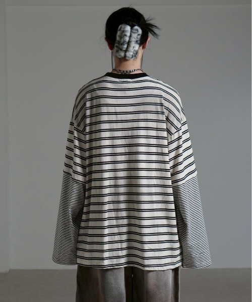 Chikashitsu +(チカシツプラス)の「【Chikashitsu +】oversized layered border washed long sleeve / 【チカシツプラス】オーバーサイズウォッシュドレイヤードボーダー長袖Tシャツ(Tシャツ/カットソー・メンズ・ホワイト/ブラック・ONE SIZE)」の11枚目の写真