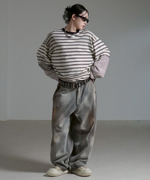 Chikashitsu +(チカシツプラス)の「【Chikashitsu +】oversized layered border washed long sleeve / 【チカシツプラス】オーバーサイズウォッシュドレイヤードボーダー長袖Tシャツ(Tシャツ/カットソー・メンズ・ホワイト/ブラック・ONE SIZE)」の13枚目の写真