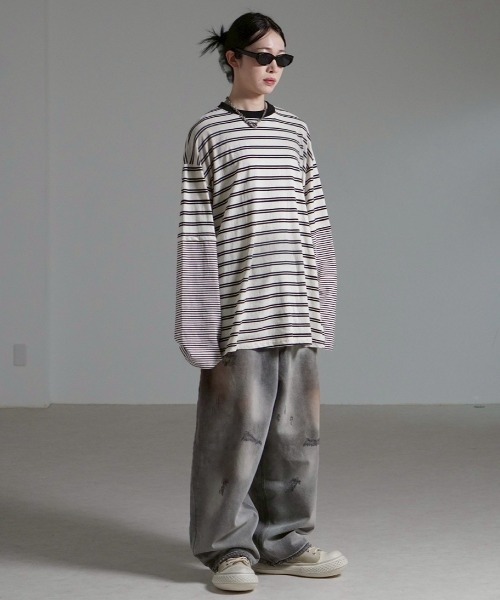Chikashitsu +(チカシツプラス)の「【Chikashitsu +】oversized layered border washed long sleeve / 【チカシツプラス】オーバーサイズウォッシュドレイヤードボーダー長袖Tシャツ(Tシャツ/カットソー・メンズ・ホワイト/ブラック・ONE SIZE)」の14枚目の写真
