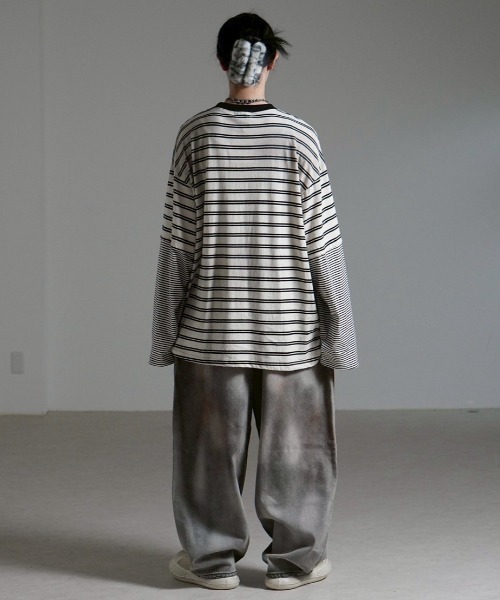 Chikashitsu +(チカシツプラス)の「【Chikashitsu +】oversized layered border washed long sleeve / 【チカシツプラス】オーバーサイズウォッシュドレイヤードボーダー長袖Tシャツ(Tシャツ/カットソー・メンズ・ホワイト/ブラック・ONE SIZE)」の15枚目の写真