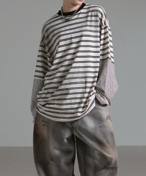 Chikashitsu +(チカシツプラス)の「【Chikashitsu +】oversized layered border washed long sleeve / 【チカシツプラス】オーバーサイズウォッシュドレイヤードボーダー長袖Tシャツ(Tシャツ/カットソー・メンズ・ホワイト/ブラック・ONE SIZE)」の12枚目の写真