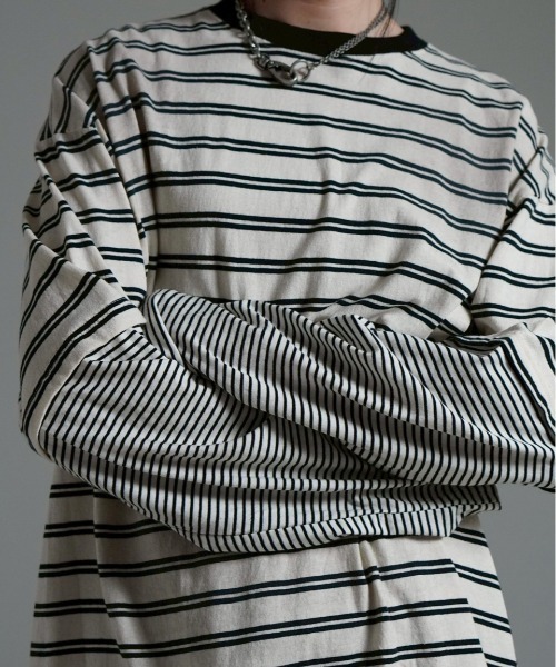 Chikashitsu +(チカシツプラス)の「【Chikashitsu +】oversized layered border washed long sleeve / 【チカシツプラス】オーバーサイズウォッシュドレイヤードボーダー長袖Tシャツ(Tシャツ/カットソー・メンズ・ホワイト/ブラック・ONE SIZE)」の16枚目の写真