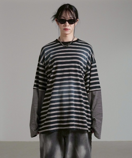 Chikashitsu +(チカシツプラス)の「【Chikashitsu +】oversized layered border washed long sleeve / 【チカシツプラス】オーバーサイズウォッシュドレイヤードボーダー長袖Tシャツ(Tシャツ/カットソー・メンズ・ホワイト/ブラック・ONE SIZE)」の19枚目の写真