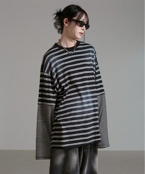 Chikashitsu +(チカシツプラス)の「【Chikashitsu +】oversized layered border washed long sleeve / 【チカシツプラス】オーバーサイズウォッシュドレイヤードボーダー長袖Tシャツ(Tシャツ/カットソー・メンズ・ホワイト/ブラック・ONE SIZE)」の20枚目の写真