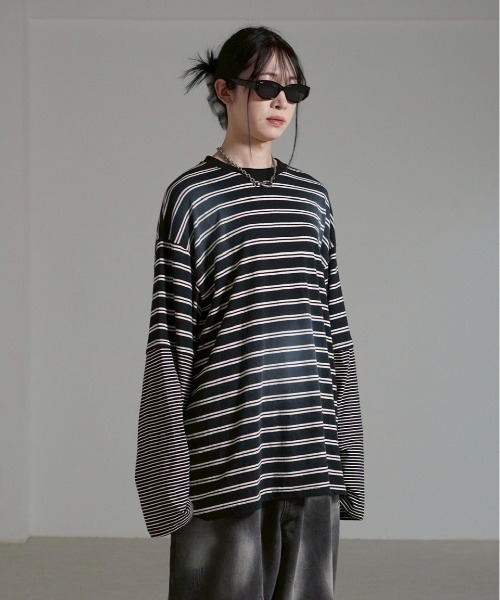 Chikashitsu +(チカシツプラス)の「【Chikashitsu +】oversized layered border washed long sleeve / 【チカシツプラス】オーバーサイズウォッシュドレイヤードボーダー長袖Tシャツ(Tシャツ/カットソー・メンズ・ホワイト/ブラック・ONE SIZE)」の21枚目の写真