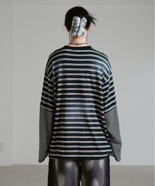 Chikashitsu +(チカシツプラス)の「【Chikashitsu +】oversized layered border washed long sleeve / 【チカシツプラス】オーバーサイズウォッシュドレイヤードボーダー長袖Tシャツ(Tシャツ/カットソー・メンズ・ホワイト/ブラック・ONE SIZE)」の22枚目の写真