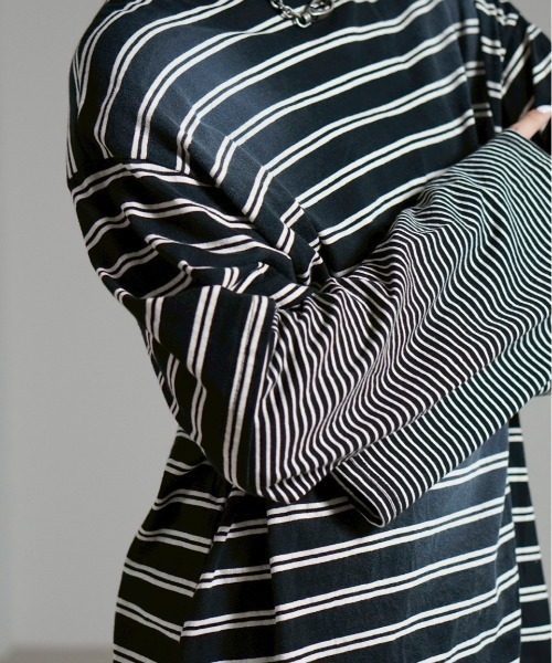 Chikashitsu +(チカシツプラス)の「【Chikashitsu +】oversized layered border washed long sleeve / 【チカシツプラス】オーバーサイズウォッシュドレイヤードボーダー長袖Tシャツ(Tシャツ/カットソー・メンズ・ホワイト/ブラック・ONE SIZE)」の11枚目の写真