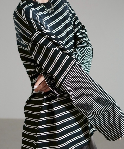 Chikashitsu +(チカシツプラス)の「【Chikashitsu +】oversized layered border washed long sleeve / 【チカシツプラス】オーバーサイズウォッシュドレイヤードボーダー長袖Tシャツ(Tシャツ/カットソー・メンズ・ホワイト/ブラック・ONE SIZE)」の12枚目の写真
