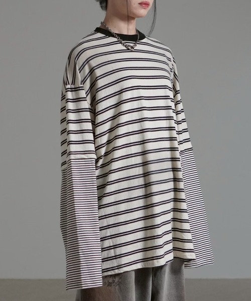 Chikashitsu +(チカシツプラス)の「【Chikashitsu +】oversized layered border washed long sleeve / 【チカシツプラス】オーバーサイズウォッシュドレイヤードボーダー長袖Tシャツ(Tシャツ/カットソー・メンズ・ホワイト/ブラック・ONE SIZE)」の14枚目の写真