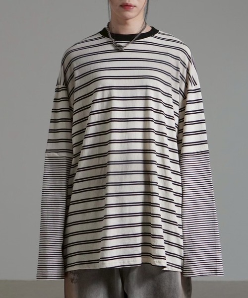 Chikashitsu +(チカシツプラス)の「【Chikashitsu +】oversized layered border washed long sleeve / 【チカシツプラス】オーバーサイズウォッシュドレイヤードボーダー長袖Tシャツ(Tシャツ/カットソー・メンズ・ホワイト/ブラック・ONE SIZE)」の15枚目の写真
