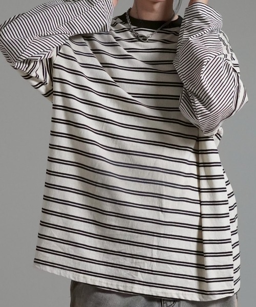 Chikashitsu +(チカシツプラス)の「【Chikashitsu +】oversized layered border washed long sleeve / 【チカシツプラス】オーバーサイズウォッシュドレイヤードボーダー長袖Tシャツ(Tシャツ/カットソー・メンズ・ホワイト/ブラック・ONE SIZE)」の17枚目の写真