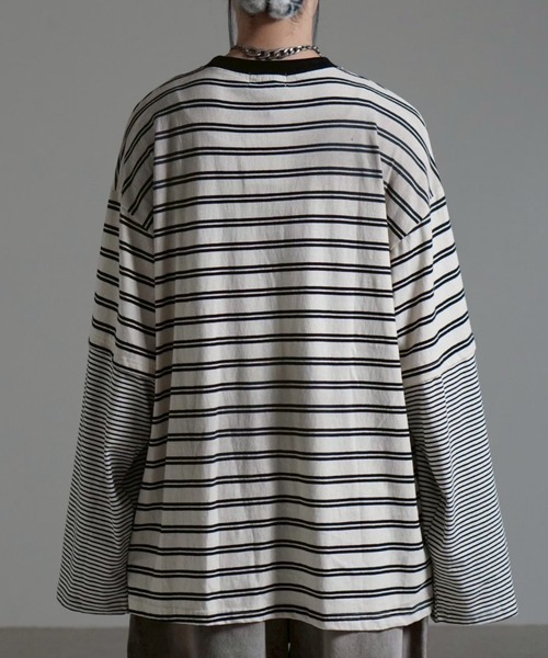 Chikashitsu +(チカシツプラス)の「【Chikashitsu +】oversized layered border washed long sleeve / 【チカシツプラス】オーバーサイズウォッシュドレイヤードボーダー長袖Tシャツ(Tシャツ/カットソー・メンズ・ホワイト/ブラック・ONE SIZE)」の16枚目の写真