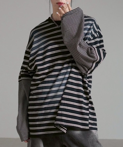 Chikashitsu +(チカシツプラス)の「【Chikashitsu +】oversized layered border washed long sleeve / 【チカシツプラス】オーバーサイズウォッシュドレイヤードボーダー長袖Tシャツ(Tシャツ/カットソー・メンズ・ホワイト/ブラック・ONE SIZE)」の18枚目の写真