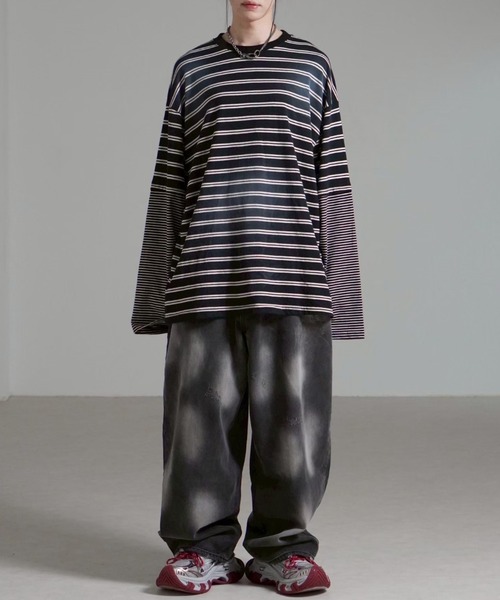 Chikashitsu +(チカシツプラス)の「【Chikashitsu +】oversized layered border washed long sleeve / 【チカシツプラス】オーバーサイズウォッシュドレイヤードボーダー長袖Tシャツ(Tシャツ/カットソー・メンズ・ホワイト/ブラック・ONE SIZE)」の21枚目の写真