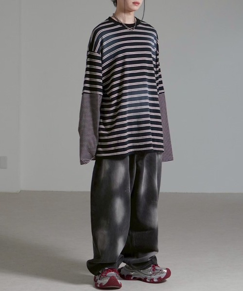 Chikashitsu +(チカシツプラス)の「【Chikashitsu +】oversized layered border washed long sleeve / 【チカシツプラス】オーバーサイズウォッシュドレイヤードボーダー長袖Tシャツ(Tシャツ/カットソー・メンズ・ホワイト/ブラック・ONE SIZE)」の22枚目の写真