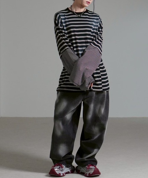 Chikashitsu +(チカシツプラス)の「【Chikashitsu +】oversized layered border washed long sleeve / 【チカシツプラス】オーバーサイズウォッシュドレイヤードボーダー長袖Tシャツ(Tシャツ/カットソー・メンズ・ホワイト/ブラック・ONE SIZE)」の20枚目の写真
