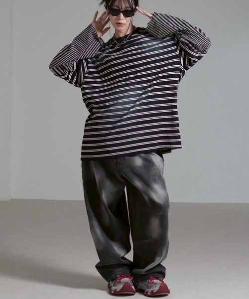 Chikashitsu +(チカシツプラス)の「【Chikashitsu +】oversized layered border washed long sleeve / 【チカシツプラス】オーバーサイズウォッシュドレイヤードボーダー長袖Tシャツ(Tシャツ/カットソー・メンズ・ホワイト/ブラック・ONE SIZE)」の19枚目の写真