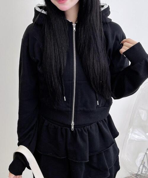 INGNI（イング）の「レース付スウェットジップパーカー(セットアップ対応)（パーカー・レディース・オートミール/ブラック/グレー・M）」の5枚目の写真