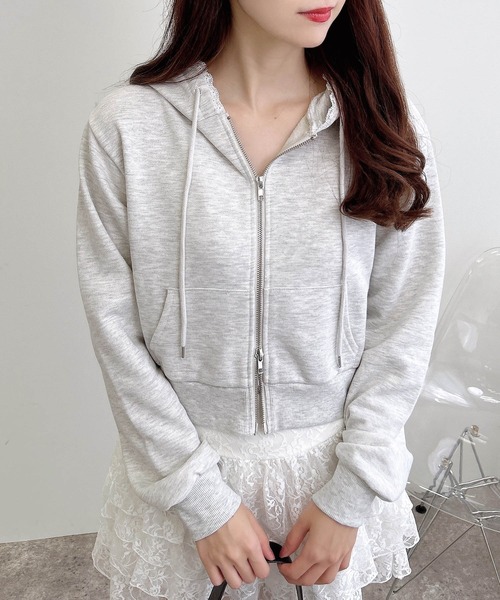 INGNI（イング）の「レース付スウェットジップパーカー(セットアップ対応)（パーカー・レディース・オートミール/ブラック/グレー・M）」の2枚目の写真