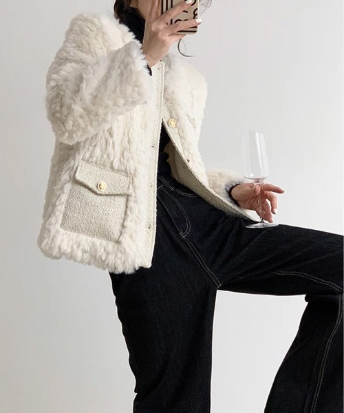 セール】中綿ツイードジャケット ボアジャケット 千鳥格子コート