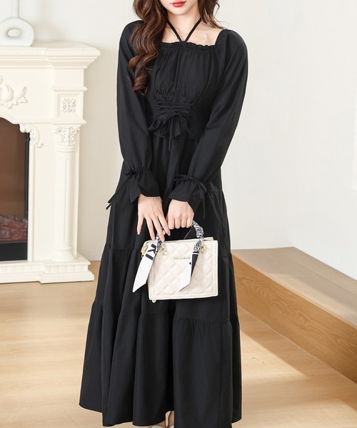 セール】ホルター リボン シャーリング ティアード ロング ワンピース