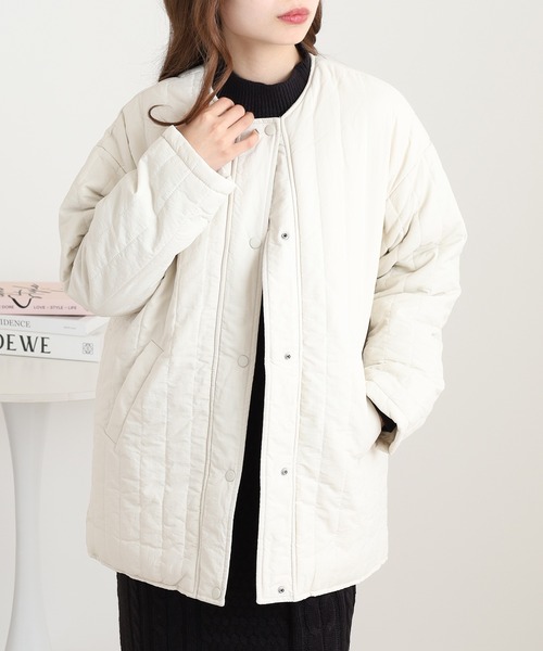 セール】裏ボアラインキルト ノーカラージャケット（ノーカラーコート