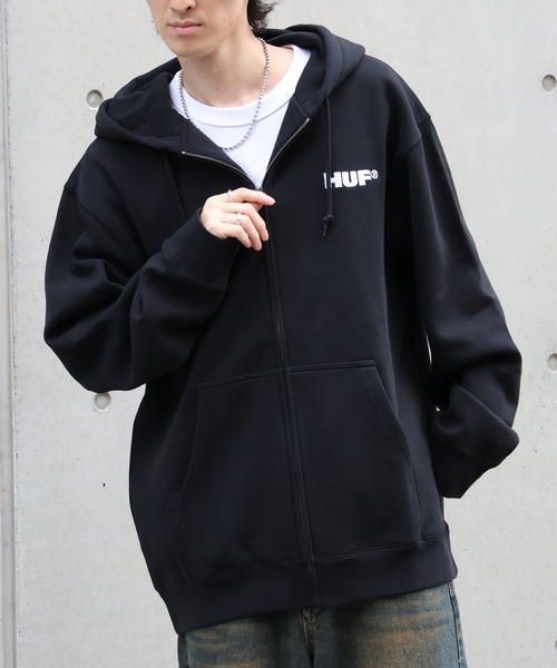 HUF ブラック カバーオール ジップアップ セール】【HUF/ハフ】ALL CAPS F/Z HOODIE/裏起毛 刺繍ロゴ ジップ