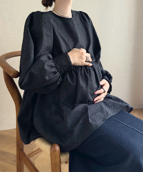KOBE LETTUCE（コウベレタス）の「[ mamaレタス ] ジャガードフレアボリュームスリーブトップス（マタニティウェア/グッズ・レディース・ブラック/オフホワイト・M）」の11枚目の写真
