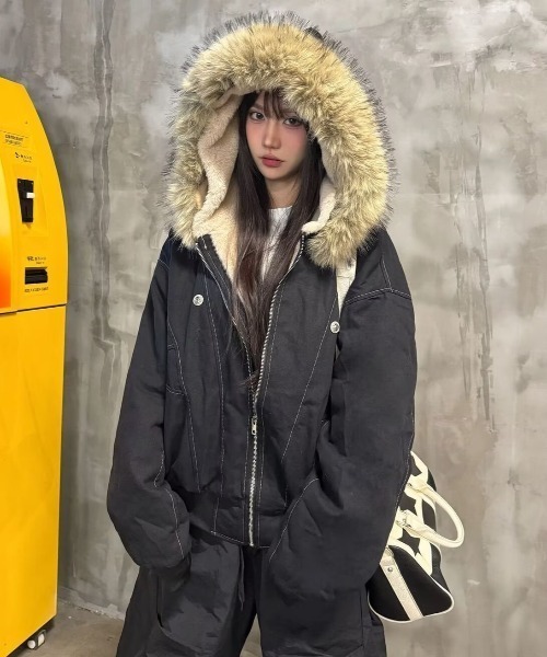 セール】ボリュームフェイクファーフードブルゾン/防寒裏ボア