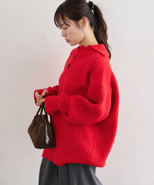 U by SPICK&SPAN(ユーバイスピックアンドスパン)の「CaRouseLamBRa/ケラウズランブラ KURT KNIT LS BIG POLO(ニット/セーター・レディース・ライトグレー・FREE)」の3枚目の写真