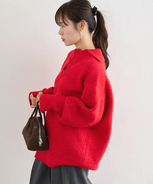 U by SPICK&SPAN(ユーバイスピックアンドスパン)の「CaRouseLamBRa/ケラウズランブラ KURT KNIT LS BIG POLO(ニット/セーター・レディース・ライトグレー・FREE)」の4枚目の写真